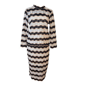 ADIVA Black White Crochet Knit Long Sleeve Midi Dress